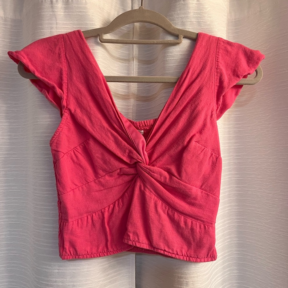 Pink Cap Sleeve Crop Top with Tie Front